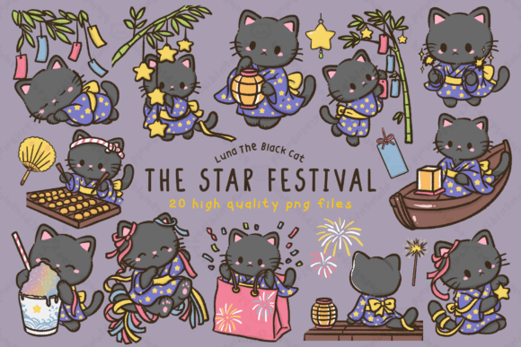 Download Kawaii Black Cat Star Festival Clipart - Festival Collection